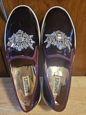 Badgley Mischka Wine Patent Crystal-Embellished Slip-On Mules